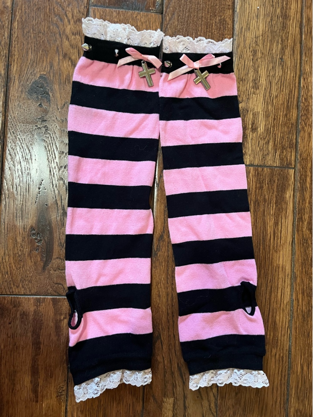Dolls Kill Pink and Black Striped Gloves
